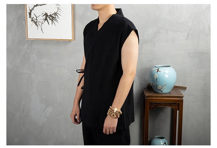 Vêtements traditionnels chinois Hanfu pour hommes, veste en fibre de coton lin, kimono imbibé Tang, cardigan masculin, manteau à point ouvert