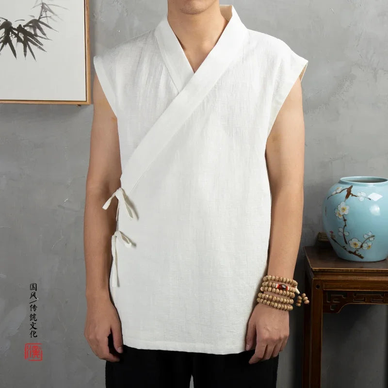 Vêtements traditionnels chinois Hanfu pour hommes, veste en fibre de coton lin, kimono imbibé Tang, cardigan masculin, manteau à point ouvert