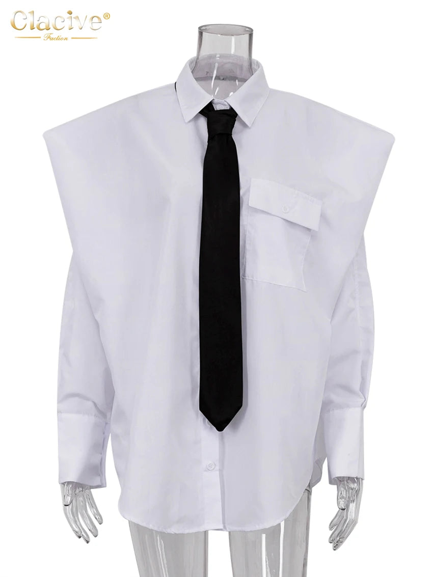 Clacive mode blanc femme Blouse 2023 élégant revers à manches longues chemise Blusa Streetwear Chic poche Blusa haut femme vêtements
