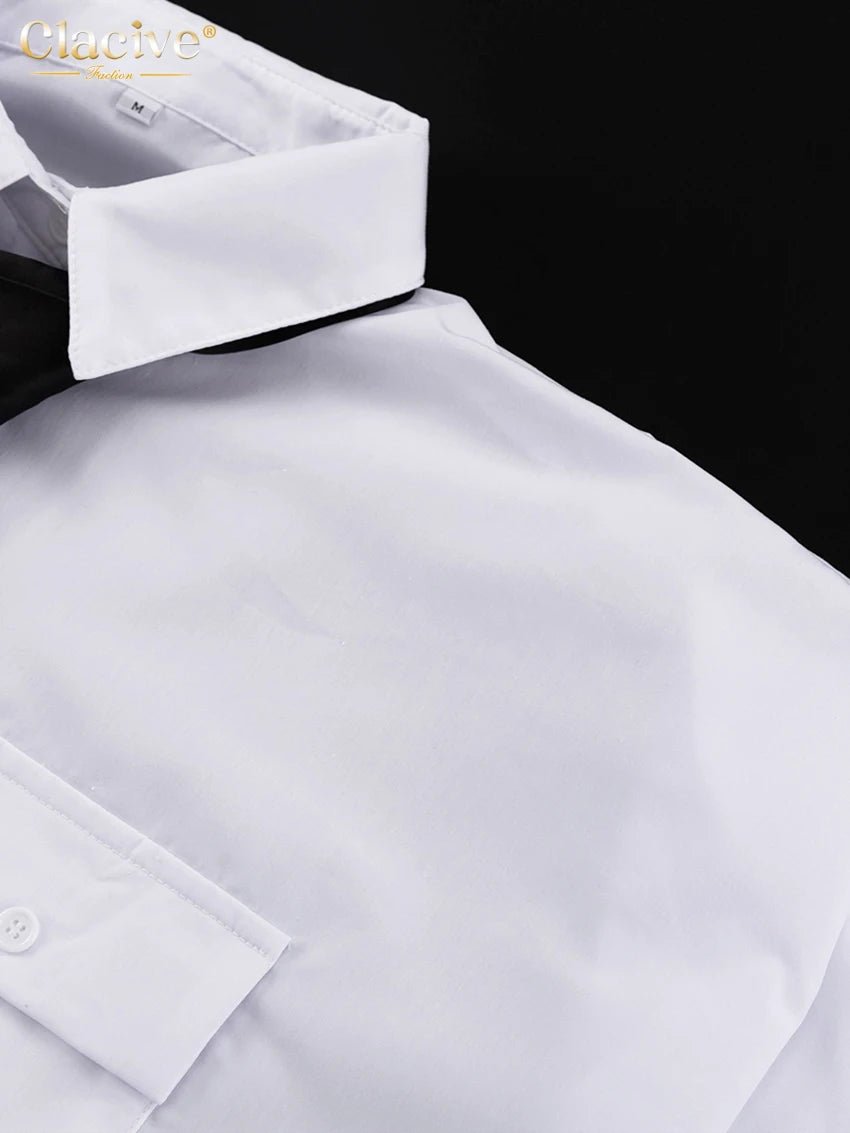 Clacive mode blanc femme Blouse 2023 élégant revers à manches longues chemise Blusa Streetwear Chic poche Blusa haut femme vêtements