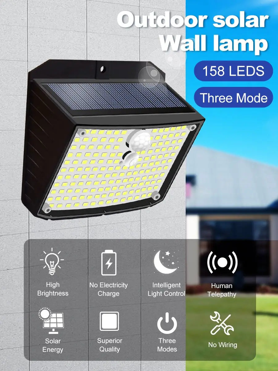 Applique Murale Solaire à 158 LED avec Détecteur de Mouvement, Imperméable et Sans Fil, Éclairage d'Extérieur, 3 Modes de Sécurité, Idéal pour un Jardin, une Clôture, une Cour, un Garage