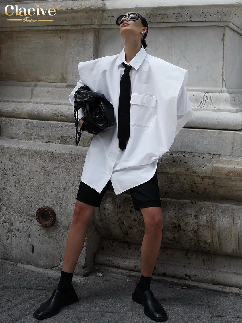 Clacive mode blanc femme Blouse 2023 élégant revers à manches longues chemise Blusa Streetwear Chic poche Blusa haut femme vêtements