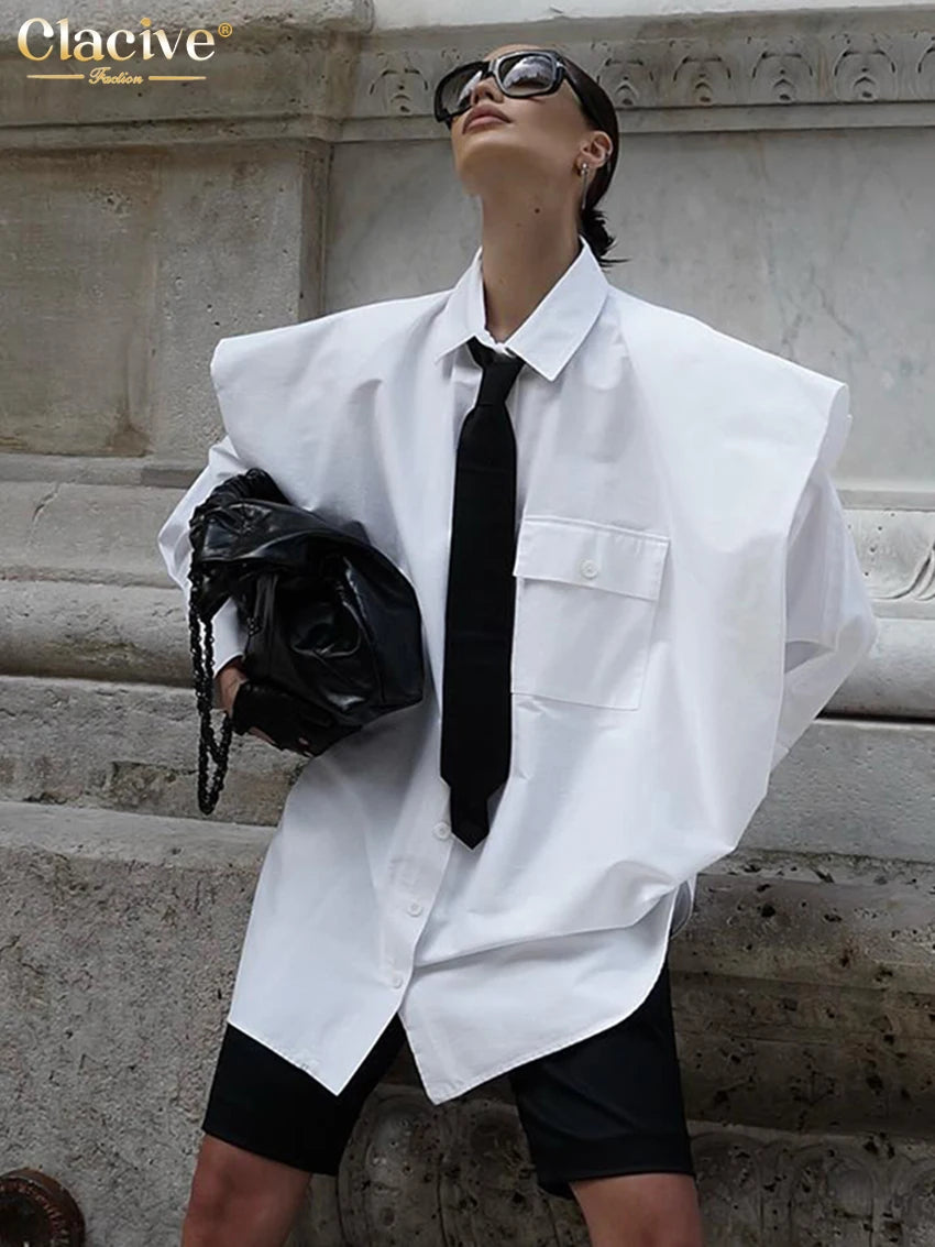 Clacive mode blanc femme Blouse 2023 élégant revers à manches longues chemise Blusa Streetwear Chic poche Blusa haut femme vêtements