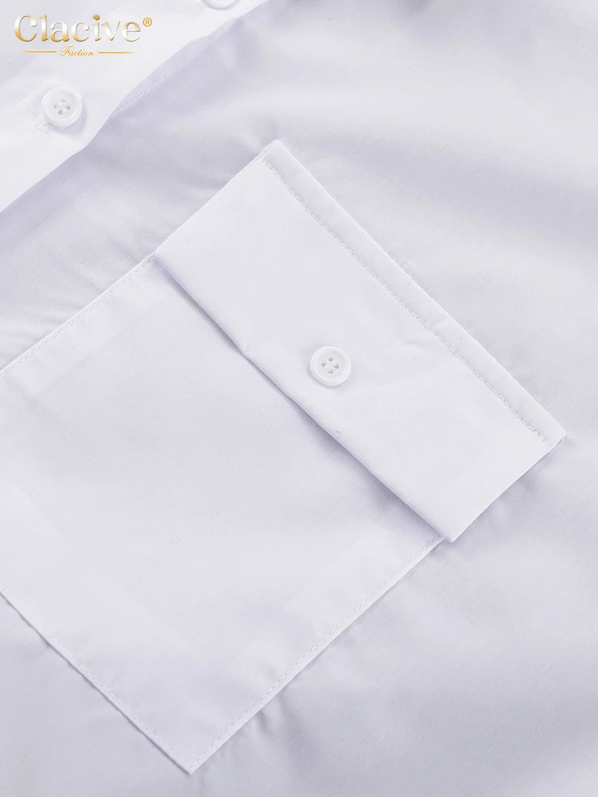 Clacive mode blanc femme Blouse 2023 élégant revers à manches longues chemise Blusa Streetwear Chic poche Blusa haut femme vêtements