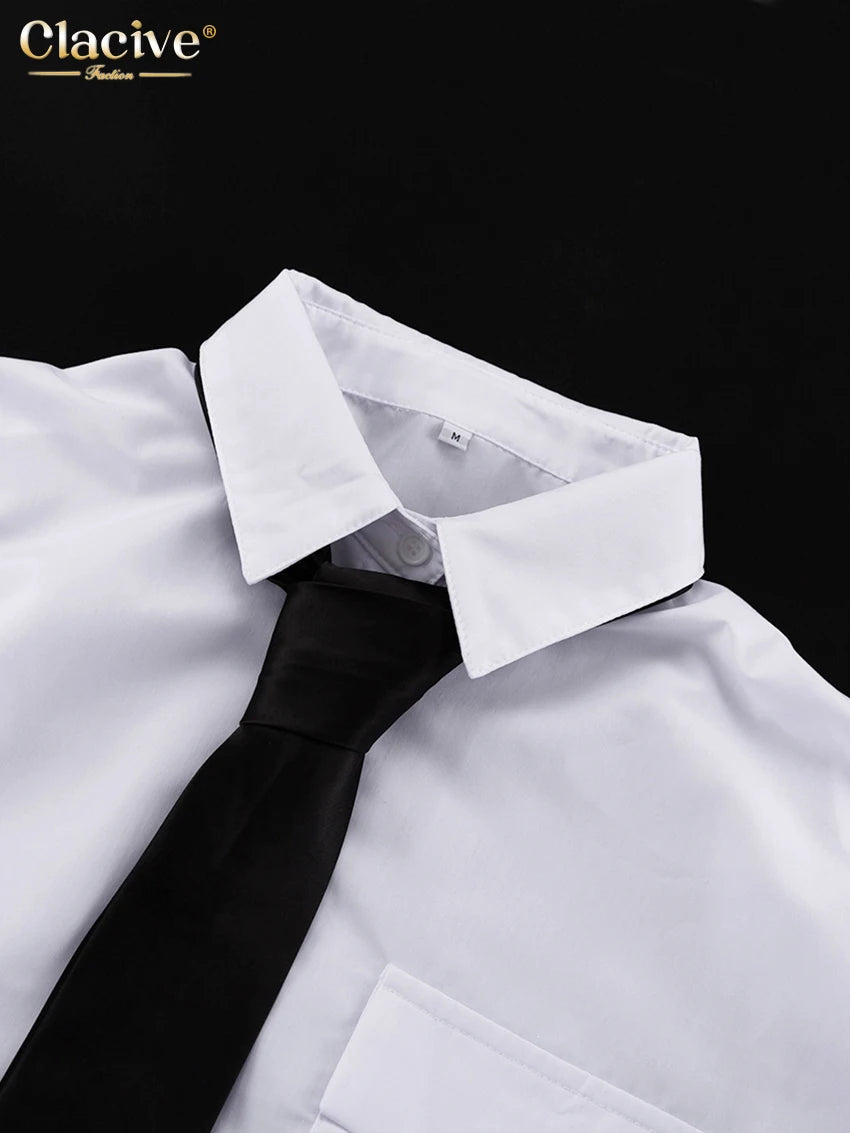 Clacive mode blanc femme Blouse 2023 élégant revers à manches longues chemise Blusa Streetwear Chic poche Blusa haut femme vêtements