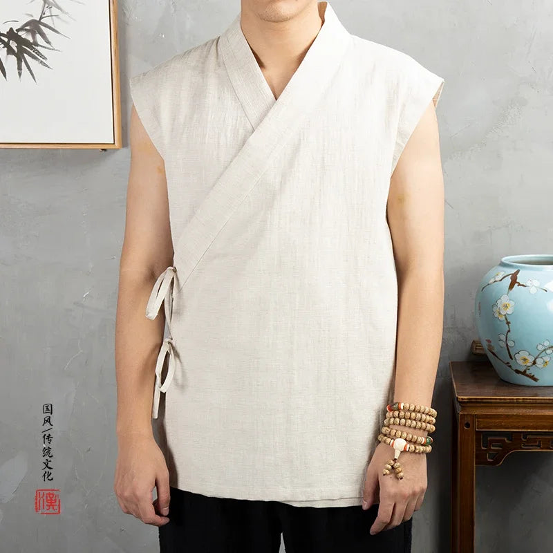 Vêtements traditionnels chinois Hanfu pour hommes, veste en fibre de coton lin, kimono imbibé Tang, cardigan masculin, manteau à point ouvert
