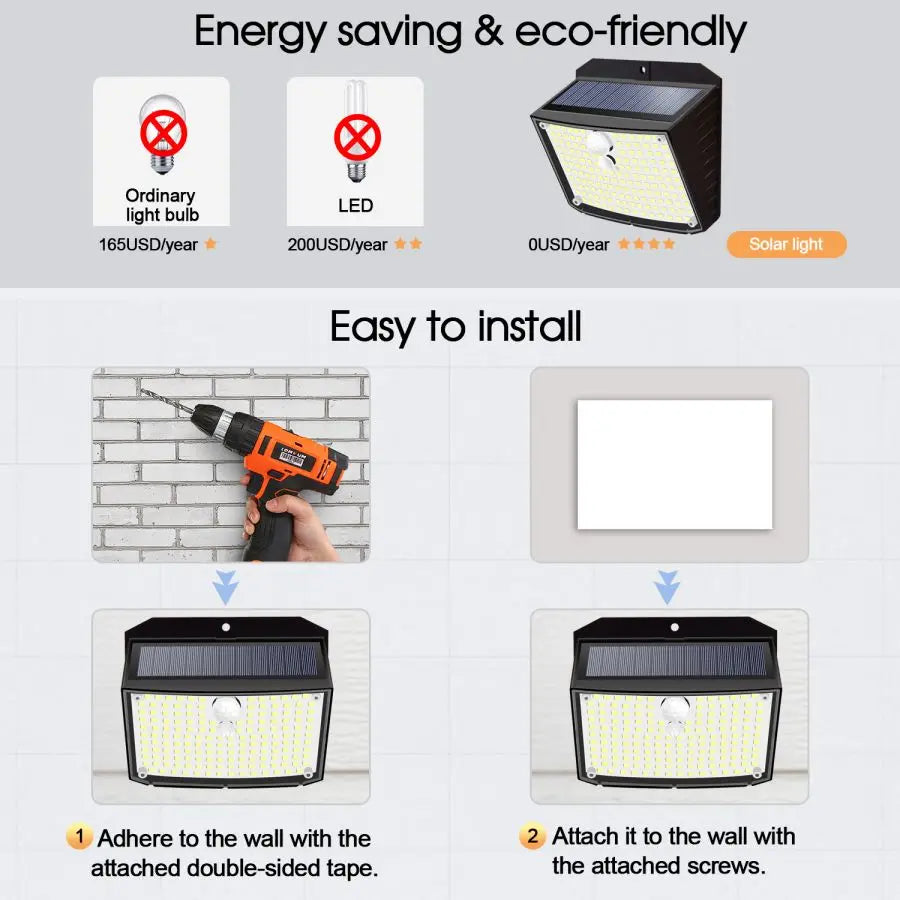 Applique Murale Solaire à 158 LED avec Détecteur de Mouvement, Imperméable et Sans Fil, Éclairage d'Extérieur, 3 Modes de Sécurité, Idéal pour un Jardin, une Clôture, une Cour, un Garage