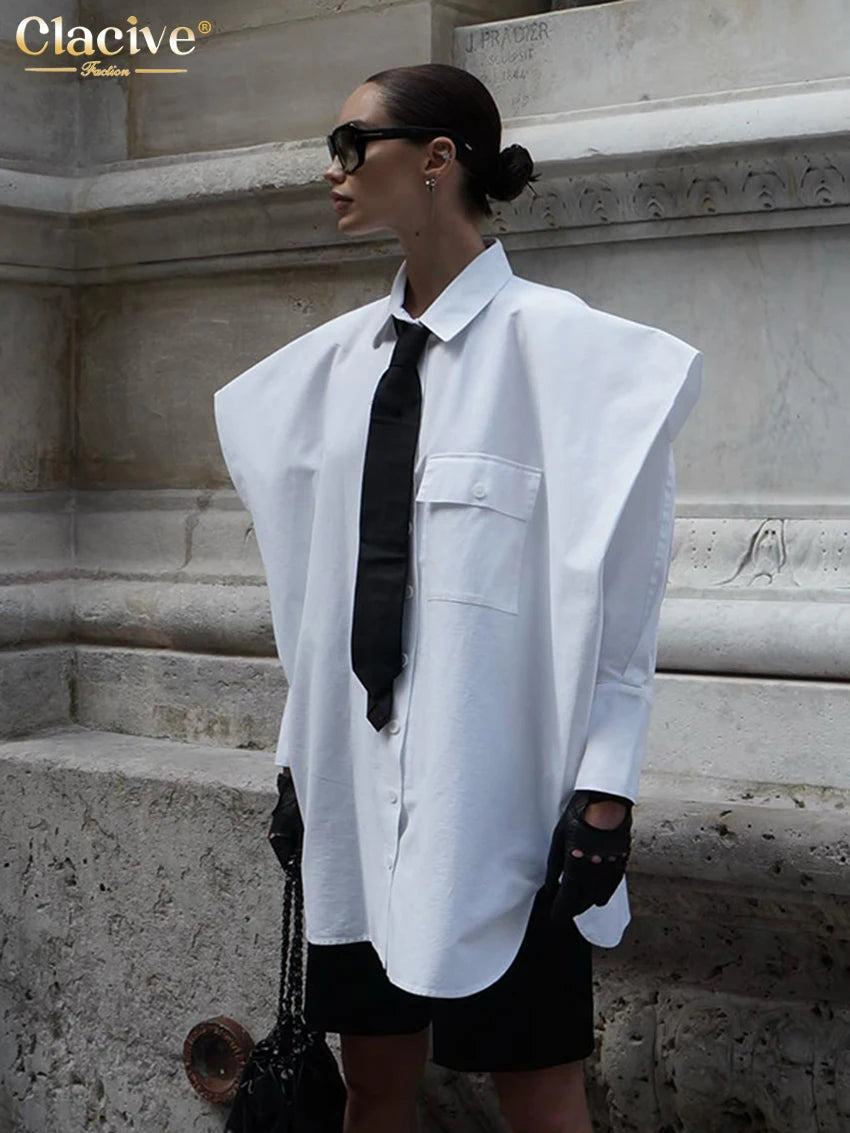 Clacive mode blanc femme Blouse 2023 élégant revers à manches longues chemise Blusa Streetwear Chic poche Blusa haut femme vêtements
