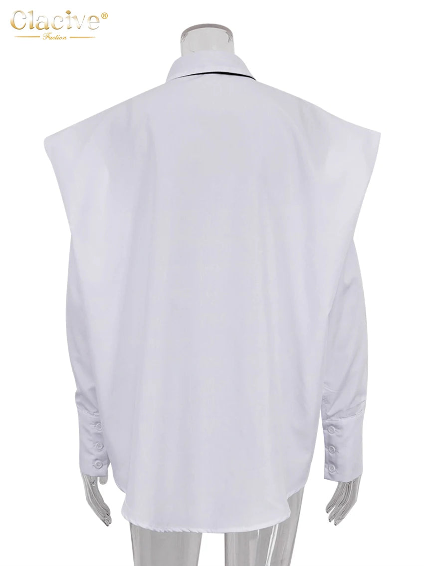 Clacive mode blanc femme Blouse 2023 élégant revers à manches longues chemise Blusa Streetwear Chic poche Blusa haut femme vêtements