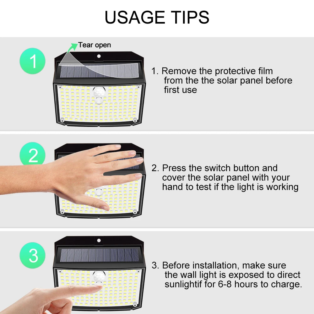 Applique Murale Solaire à 158 LED avec Détecteur de Mouvement, Imperméable et Sans Fil, Éclairage d'Extérieur, 3 Modes de Sécurité, Idéal pour un Jardin, une Clôture, une Cour, un Garage