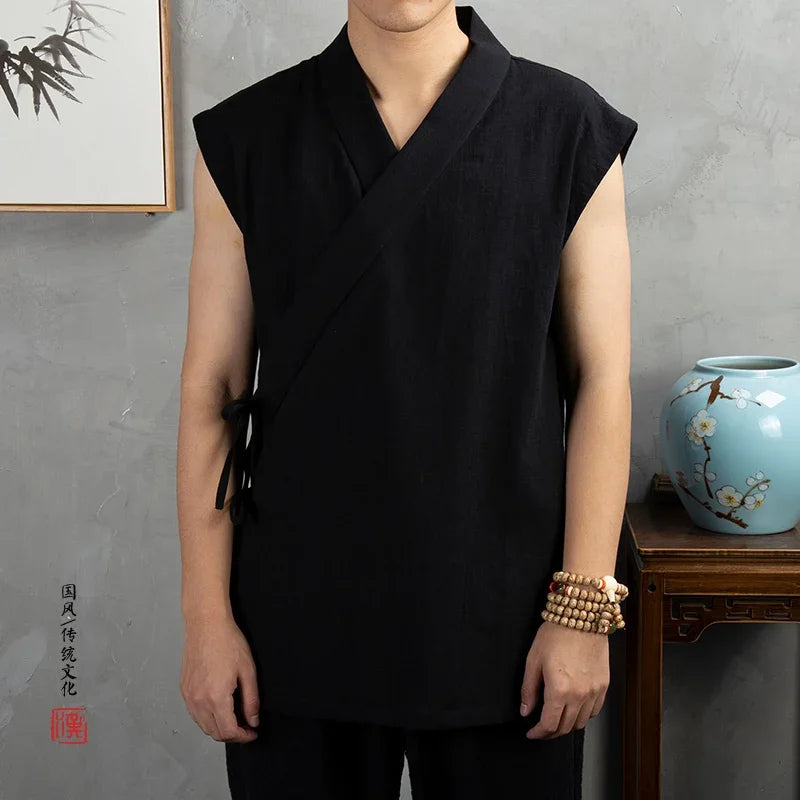 Vêtements traditionnels chinois Hanfu pour hommes, veste en fibre de coton lin, kimono imbibé Tang, cardigan masculin, manteau à point ouvert