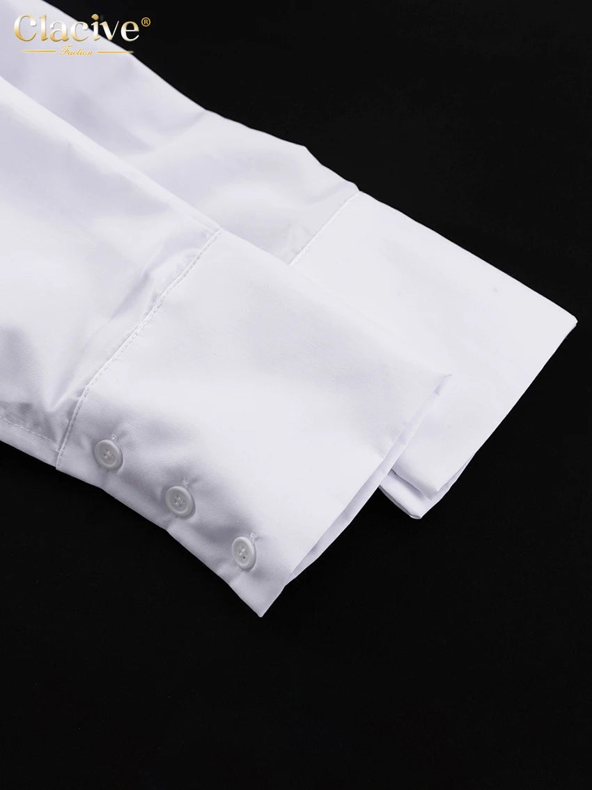Clacive mode blanc femme Blouse 2023 élégant revers à manches longues chemise Blusa Streetwear Chic poche Blusa haut femme vêtements