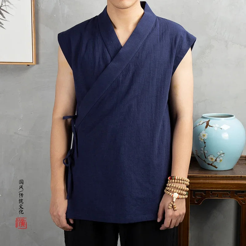 Vêtements traditionnels chinois Hanfu pour hommes, veste en fibre de coton lin, kimono imbibé Tang, cardigan masculin, manteau à point ouvert
