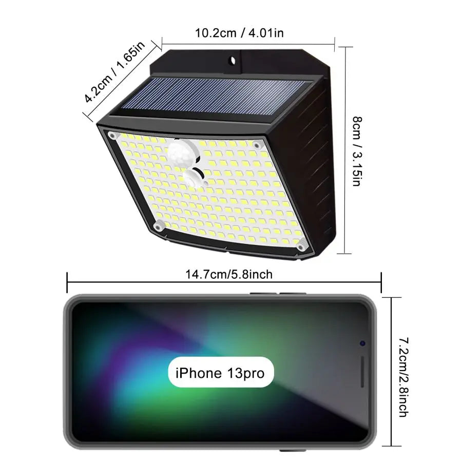 Applique Murale Solaire à 158 LED avec Détecteur de Mouvement, Imperméable et Sans Fil, Éclairage d'Extérieur, 3 Modes de Sécurité, Idéal pour un Jardin, une Clôture, une Cour, un Garage
